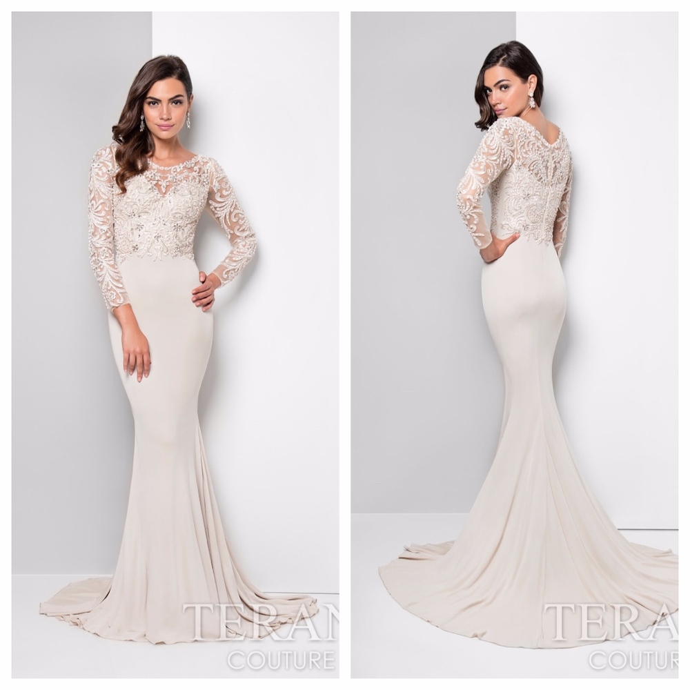 Long Sleeve Beaded Champagne MOB mother of gown